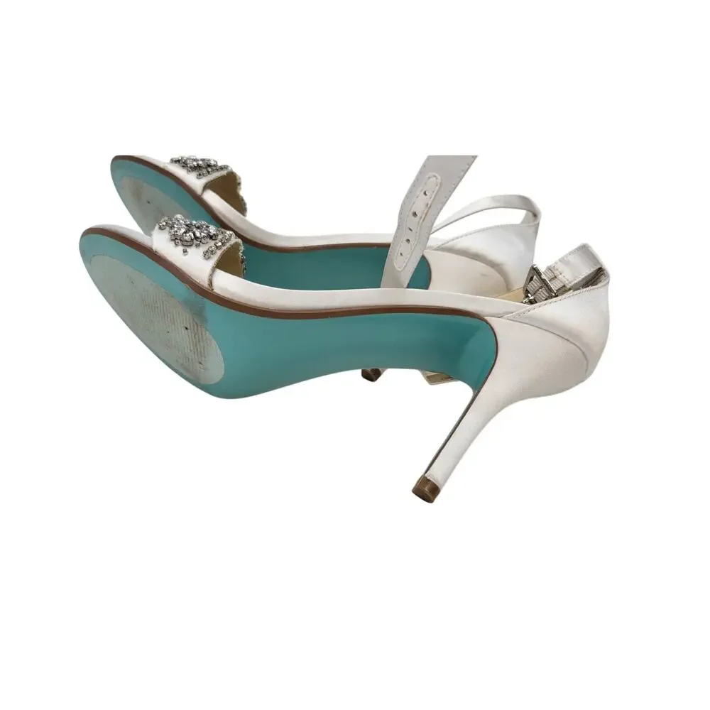 Embellished White Satin Ankle-Strap Heels